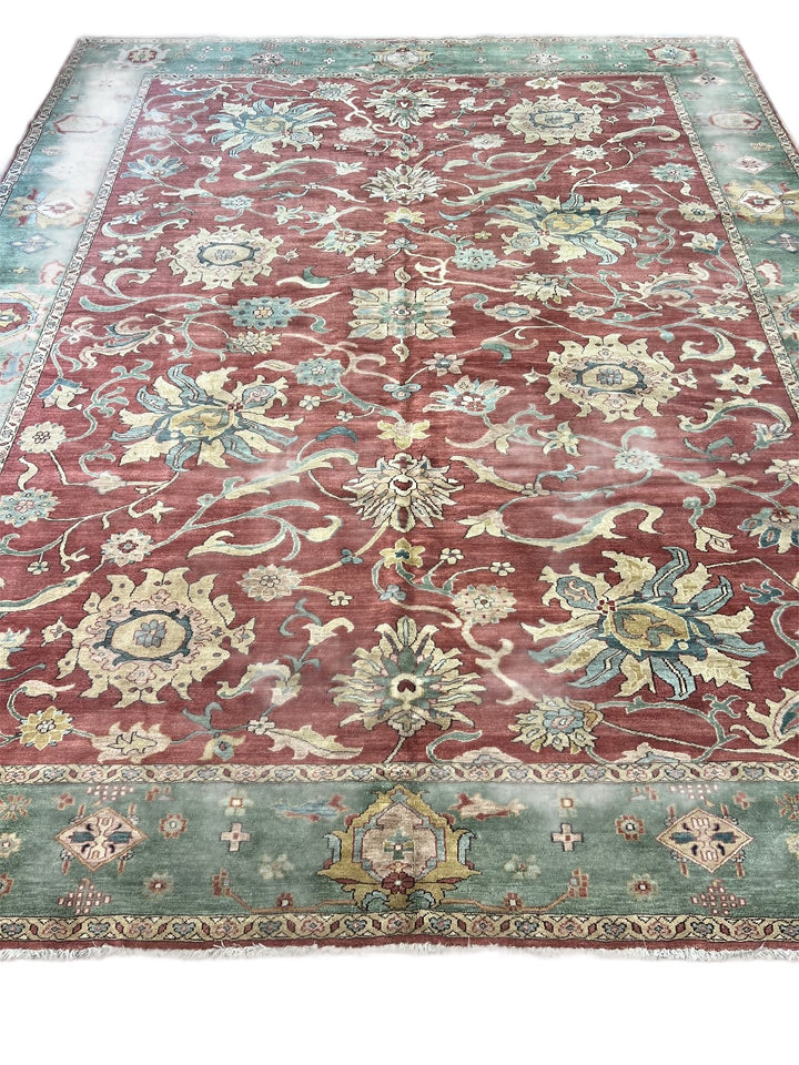 Hand-Knotted Botanical Wool Rug – Burgundy &amp; Teal Floral Design – 10’6” x 13’1”