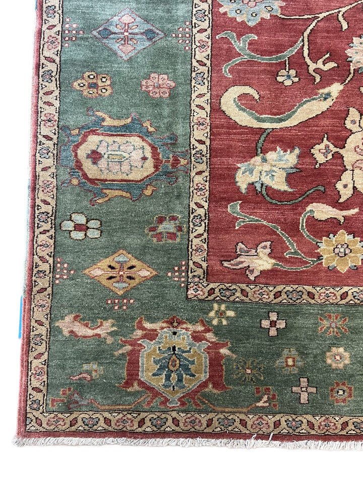 Hand-Knotted Botanical Wool Rug – Burgundy &amp; Teal Floral Design – 10’6” x 13’1”