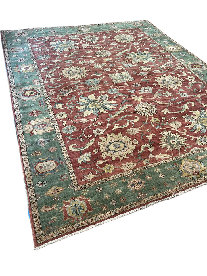 Hand-Knotted Botanical Wool Rug – Burgundy &amp; Teal Floral Design – 10’6” x 13’1”