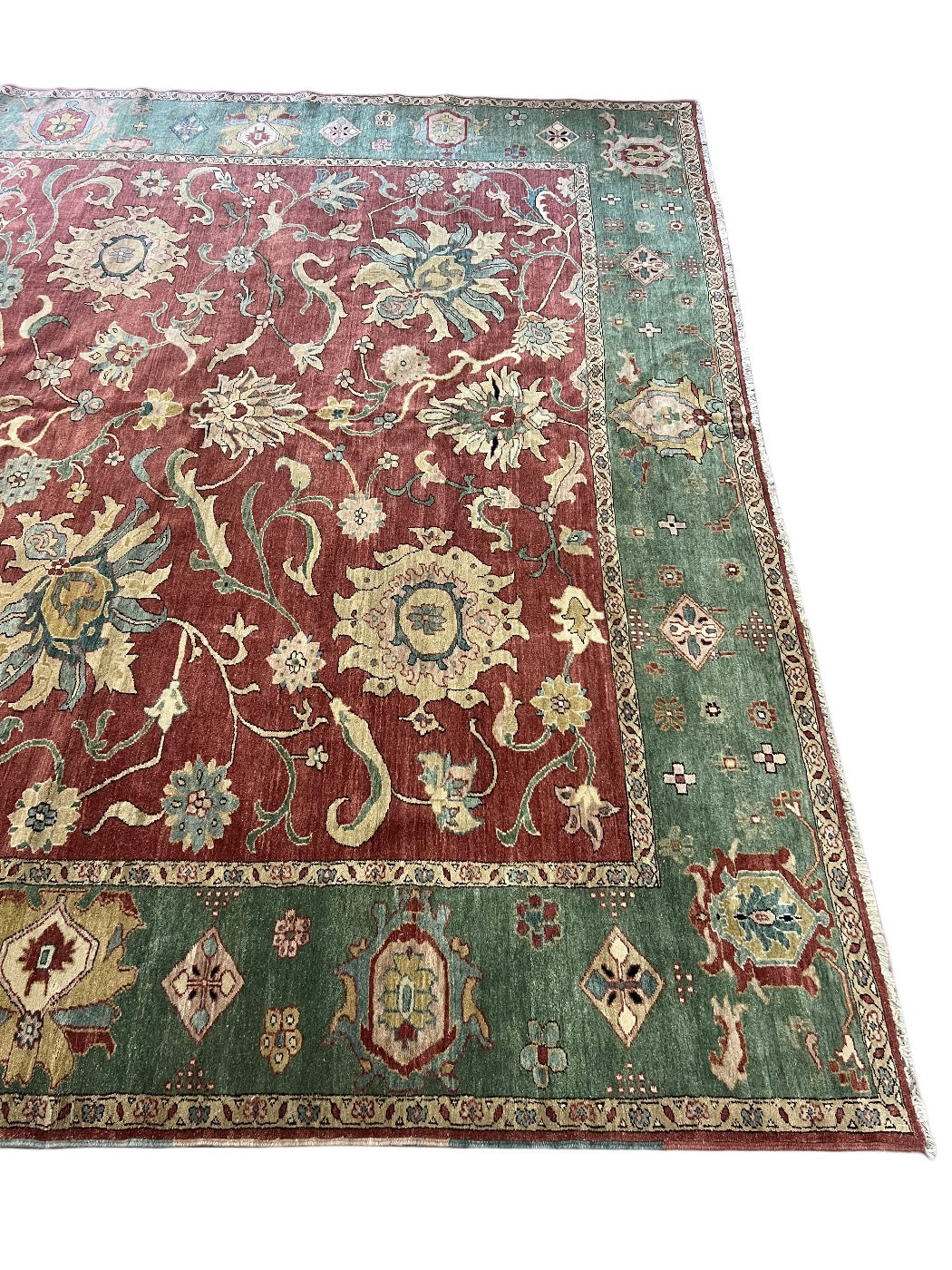 Hand-Knotted Botanical Wool Rug – Burgundy &amp; Teal Floral Design – 10’6” x 13’1”