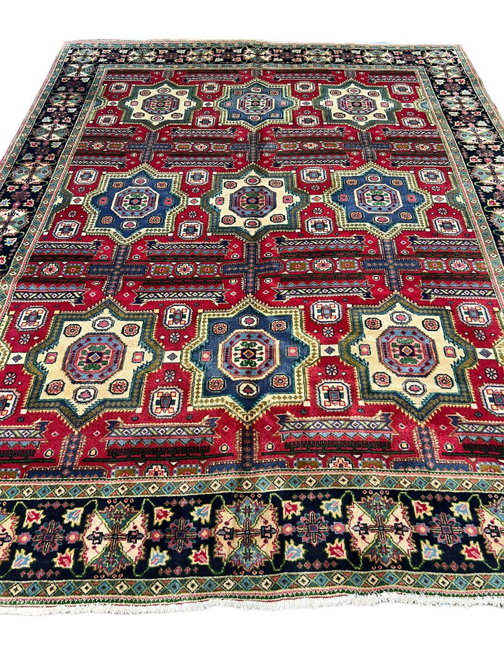 Hand-Knotted Geometric Medallion Wool Rug – Red, Navy &amp; Ivory Design – 9’6” x 12’0”