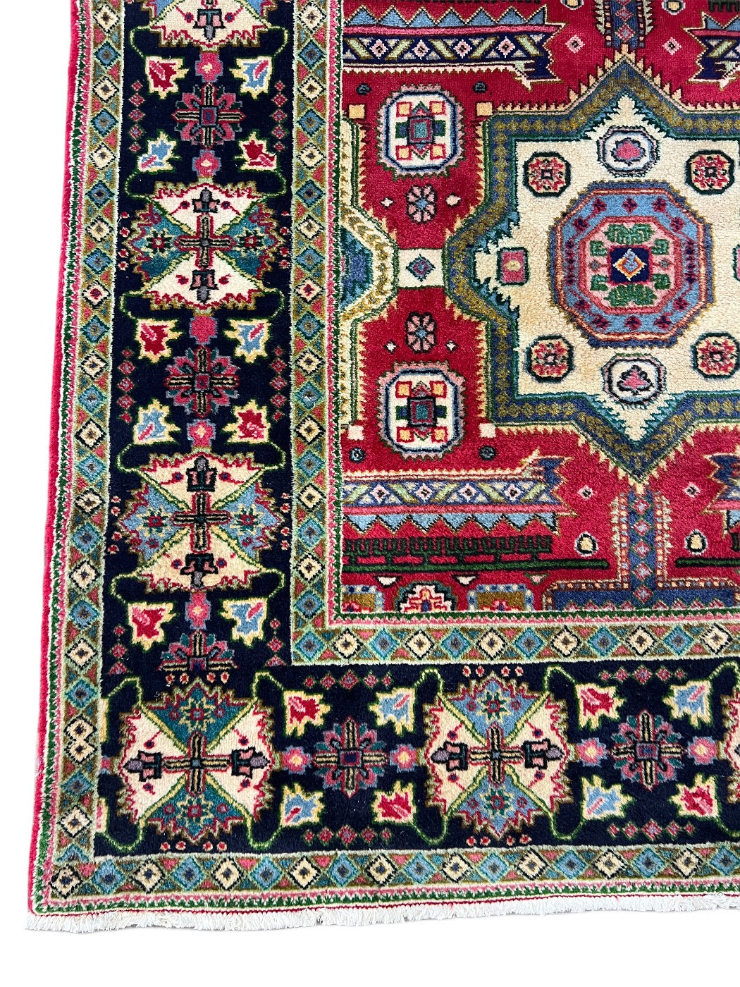 Hand-Knotted Geometric Medallion Wool Rug – Red, Navy &amp; Ivory Design – 9’6” x 12’0”