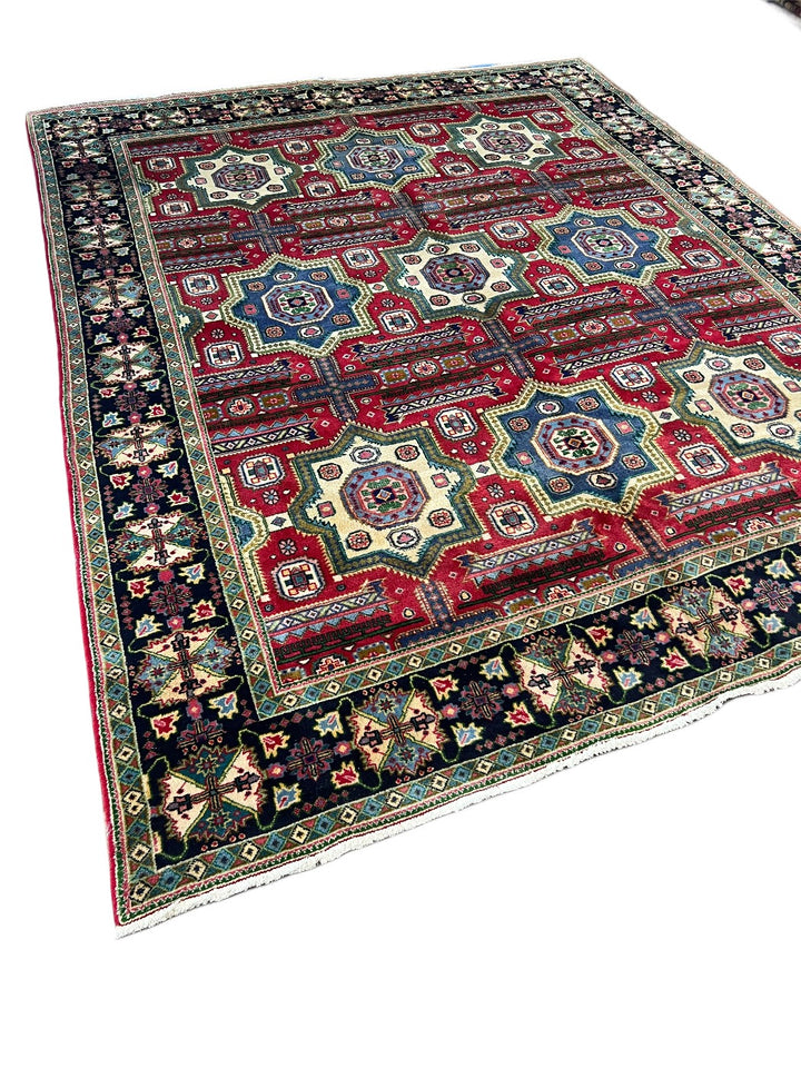 Hand-Knotted Geometric Medallion Wool Rug – Red, Navy &amp; Ivory Design – 9’6” x 12’0”