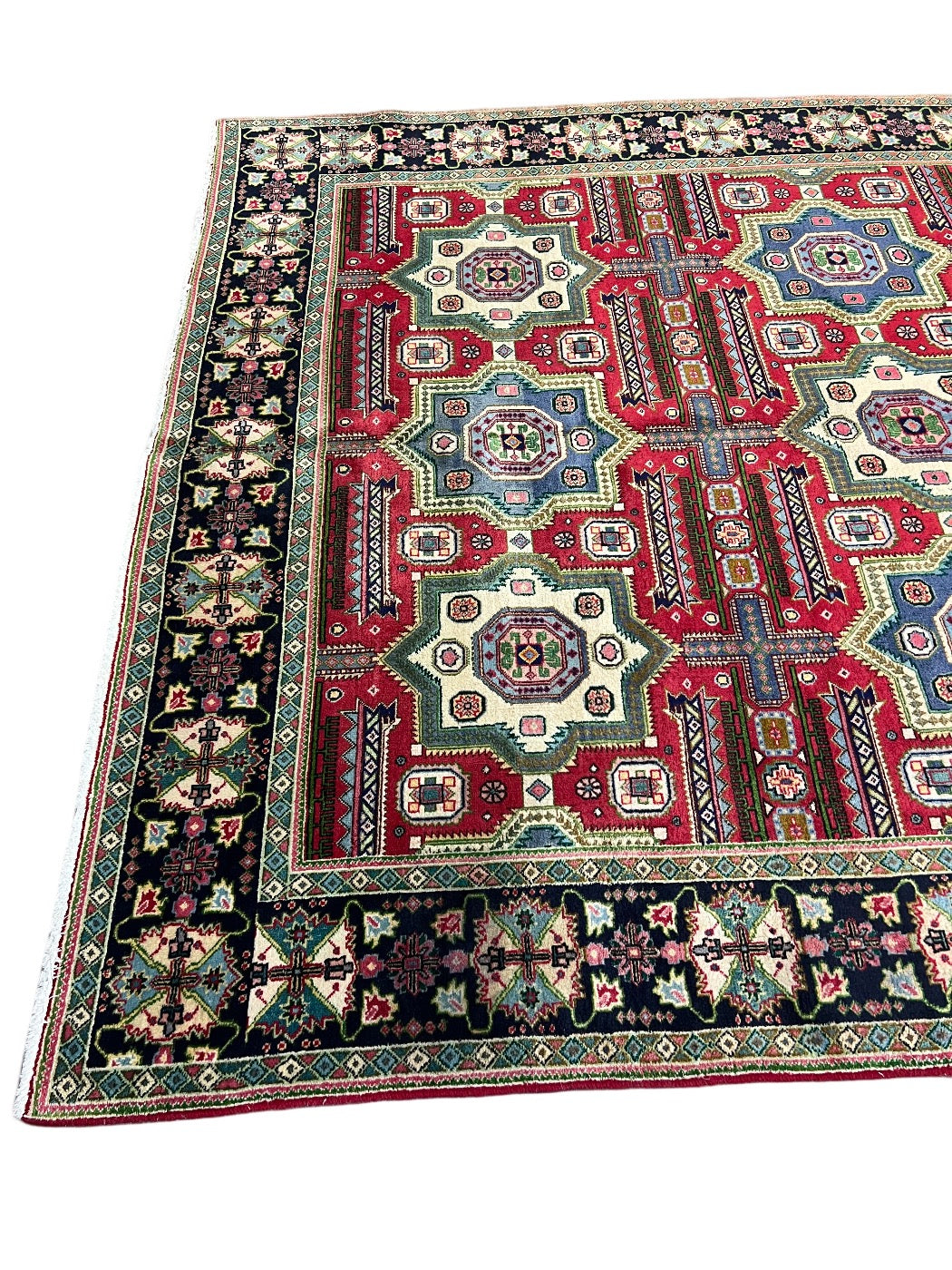 Hand-Knotted Geometric Medallion Wool Rug – Red, Navy &amp; Ivory Design – 9’6” x 12’0”