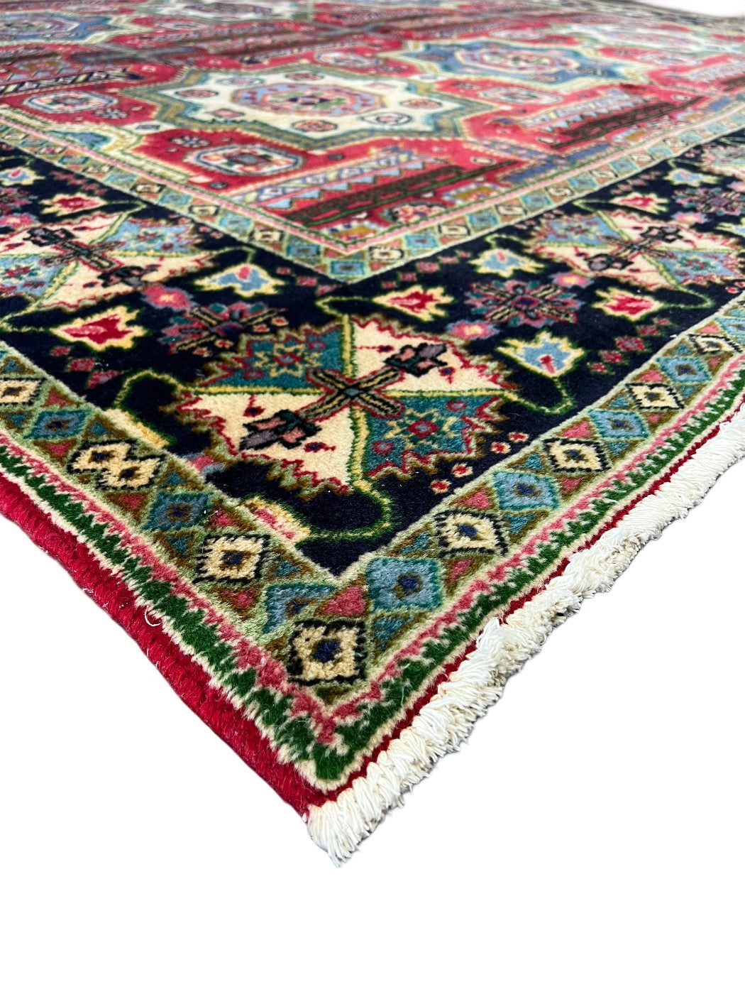 Hand-Knotted Geometric Medallion Wool Rug – Red, Navy &amp; Ivory Design – 9’6” x 12’0”