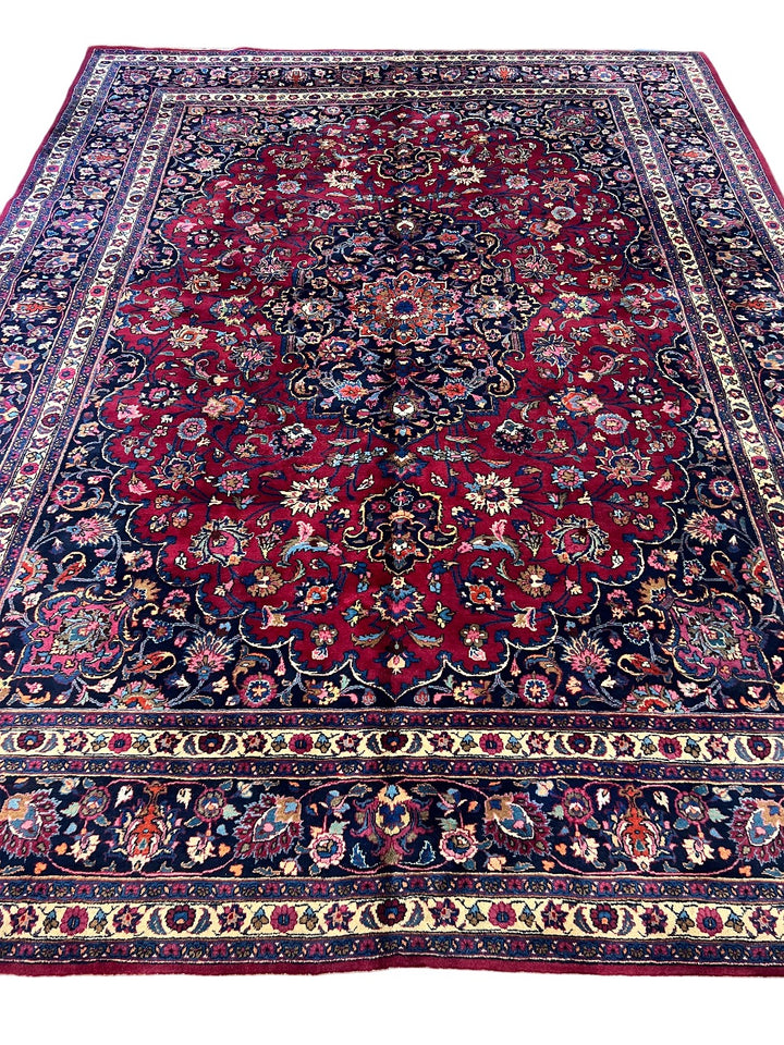 Grand Floral Medallion Wool Rug – Crimson &amp; Navy – 10’0” x 13’2”