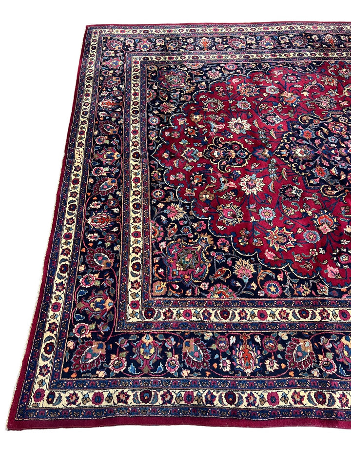 Grand Floral Medallion Wool Rug – Crimson &amp; Navy – 10’0” x 13’2”