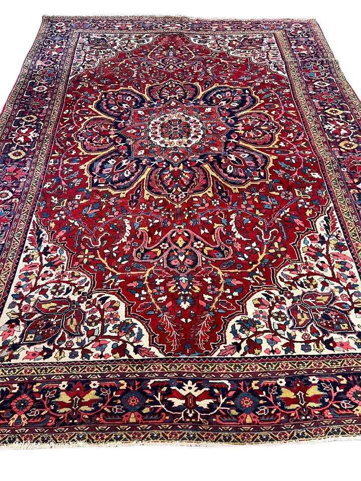 Grand Medallion Wool Rug – Ruby Red &amp; Navy Floral Design – 9’7” x 13’2”