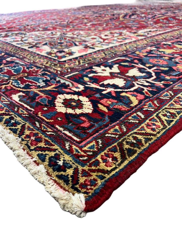 Grand Medallion Wool Rug – Ruby Red &amp; Navy Floral Design – 9’7” x 13’2”