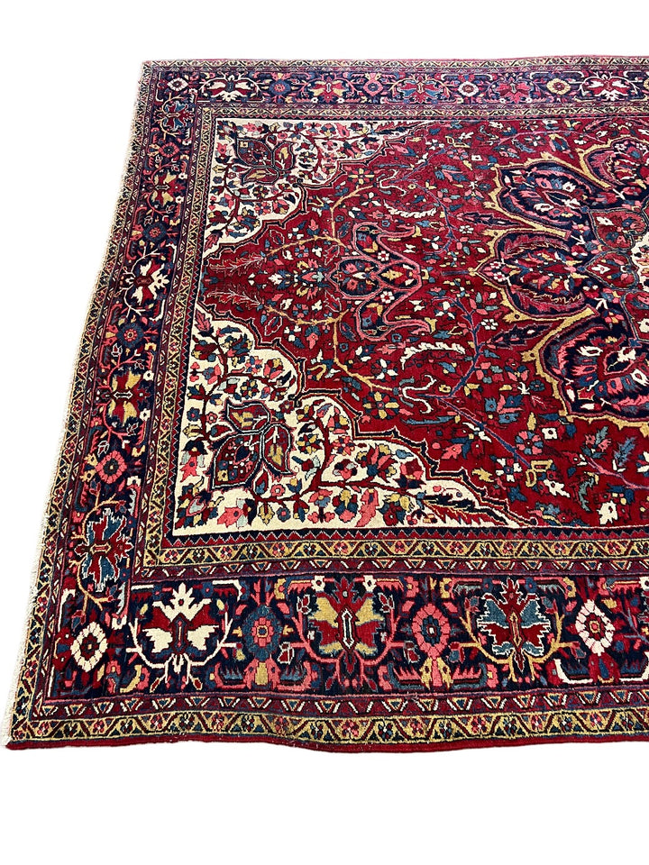Grand Medallion Wool Rug – Ruby Red &amp; Navy Floral Design – 9’7” x 13’2”