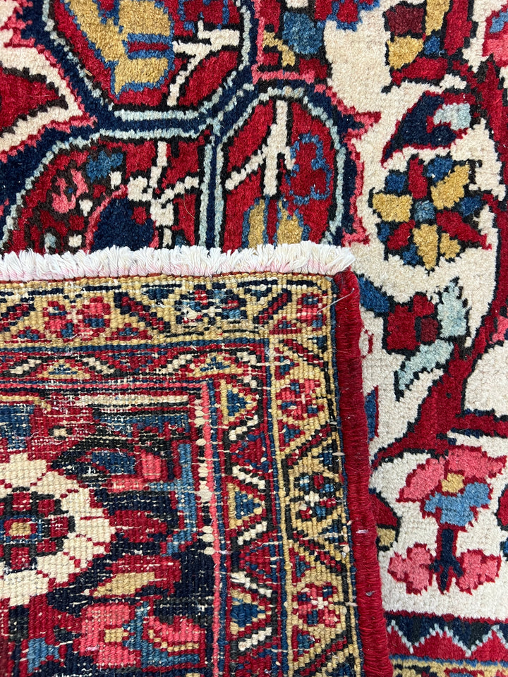 Grand Medallion Wool Rug – Ruby Red &amp; Navy Floral Design – 9’7” x 13’2”