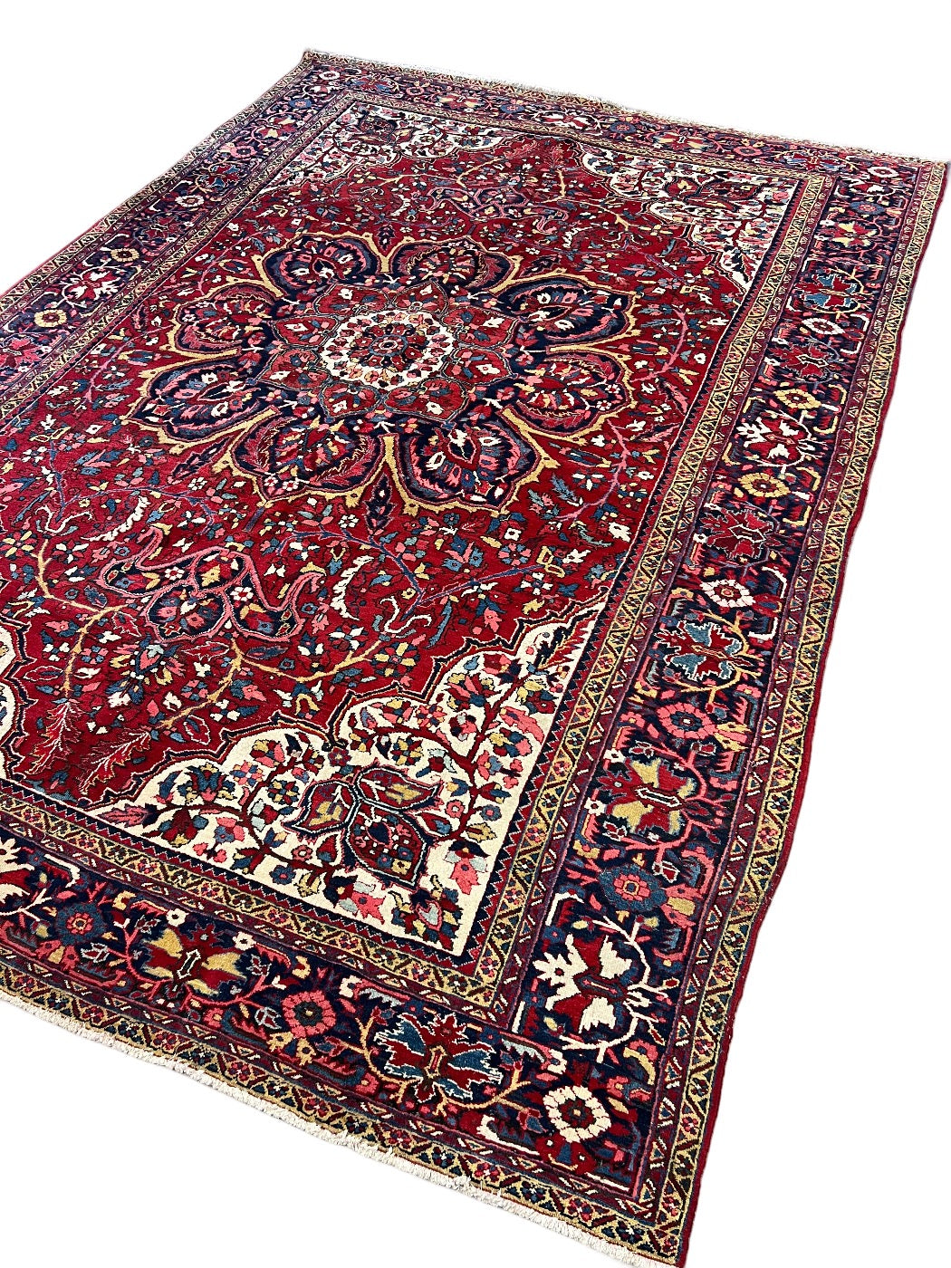 Grand Medallion Wool Rug – Ruby Red &amp; Navy Floral Design – 9’7” x 13’2”