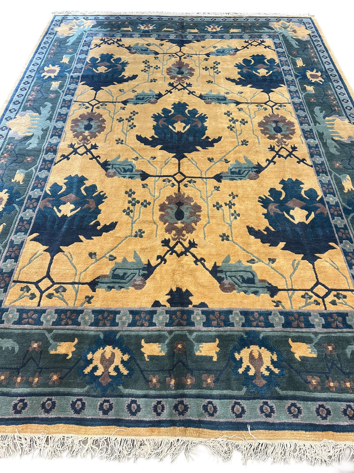 Gold &amp; Blue Traditional Botanical Design Tibetan Wool Rug – 9’9” x 13’10”