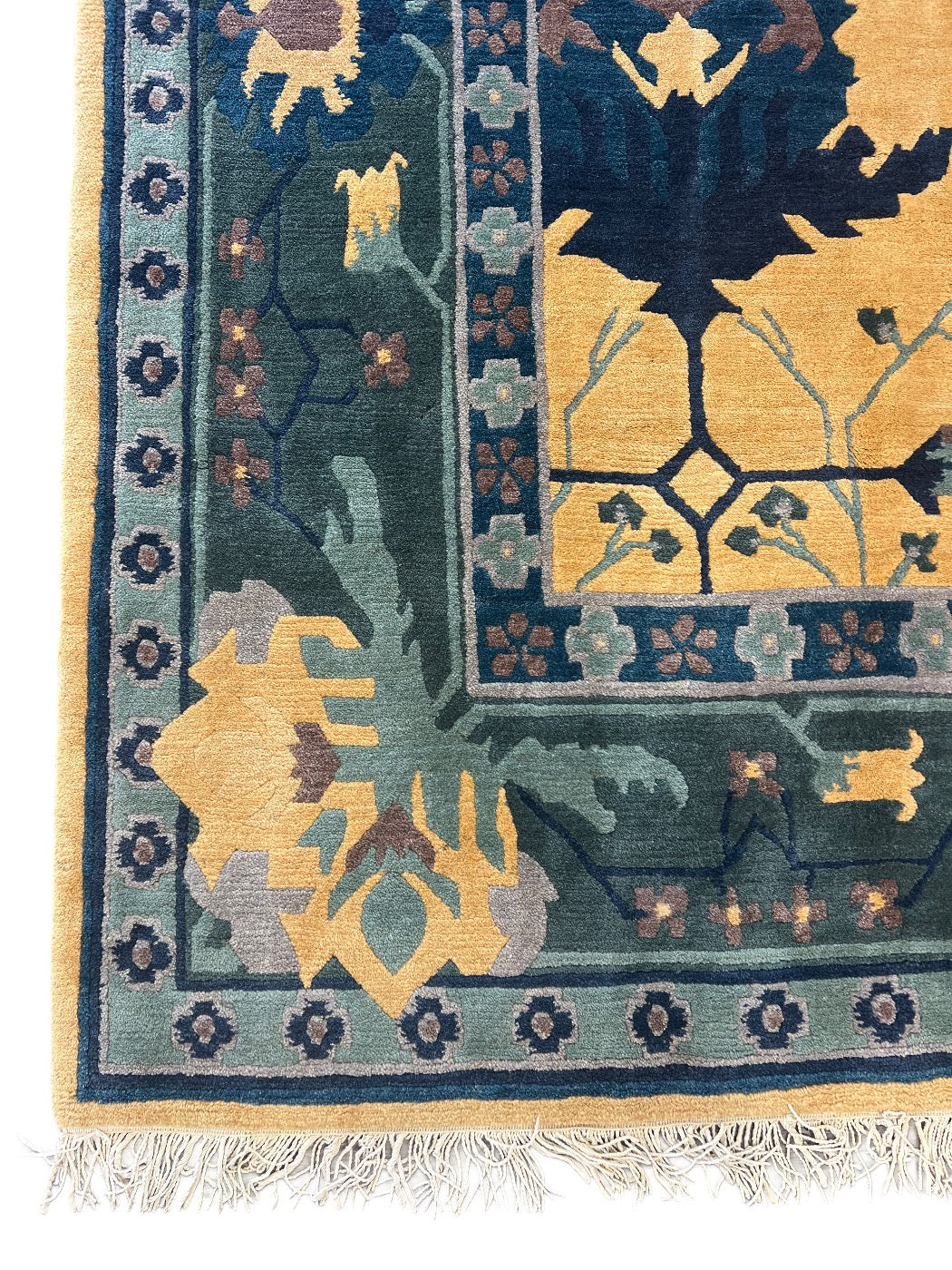 Gold &amp; Blue Traditional Botanical Design Tibetan Wool Rug – 9’9” x 13’10”
