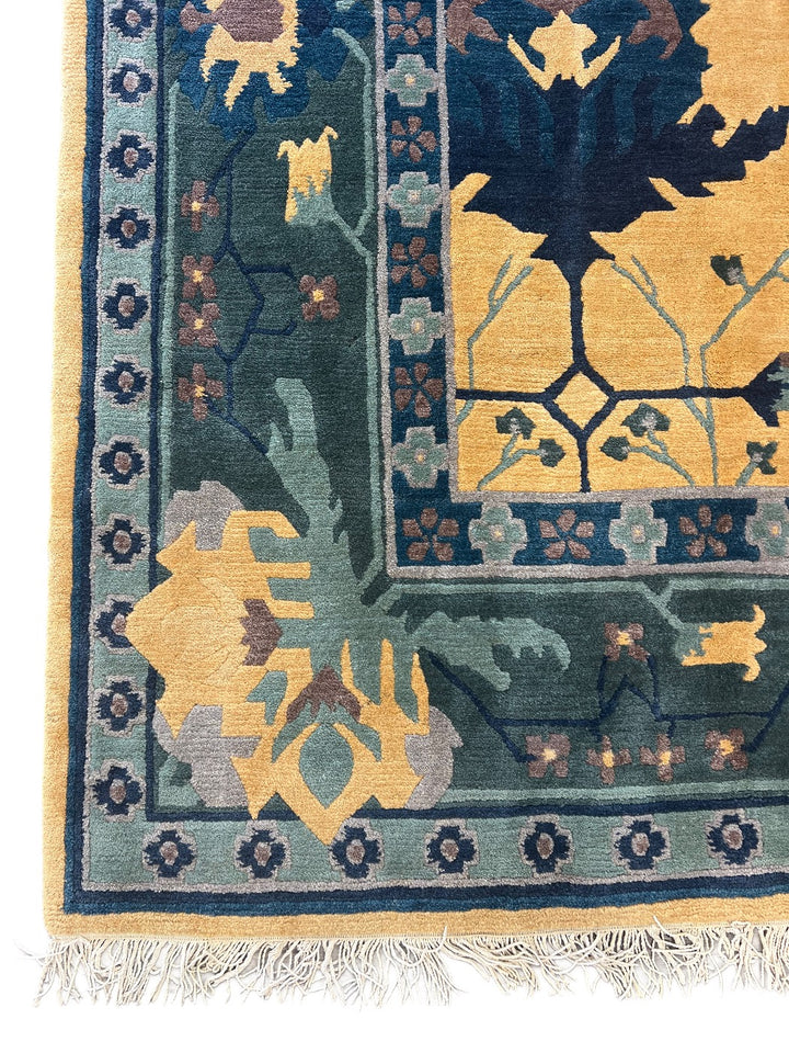 Gold &amp; Blue Traditional Botanical Design Tibetan Wool Rug – 9’9” x 13’10”