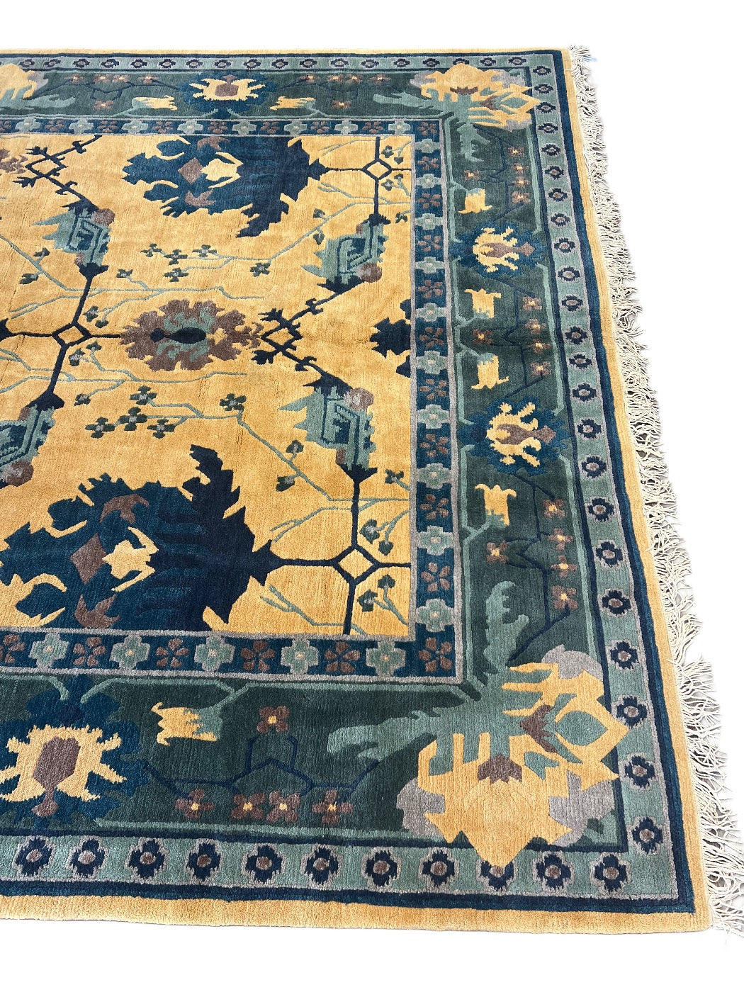 Gold &amp; Blue Traditional Botanical Design Tibetan Wool Rug – 9’9” x 13’10”