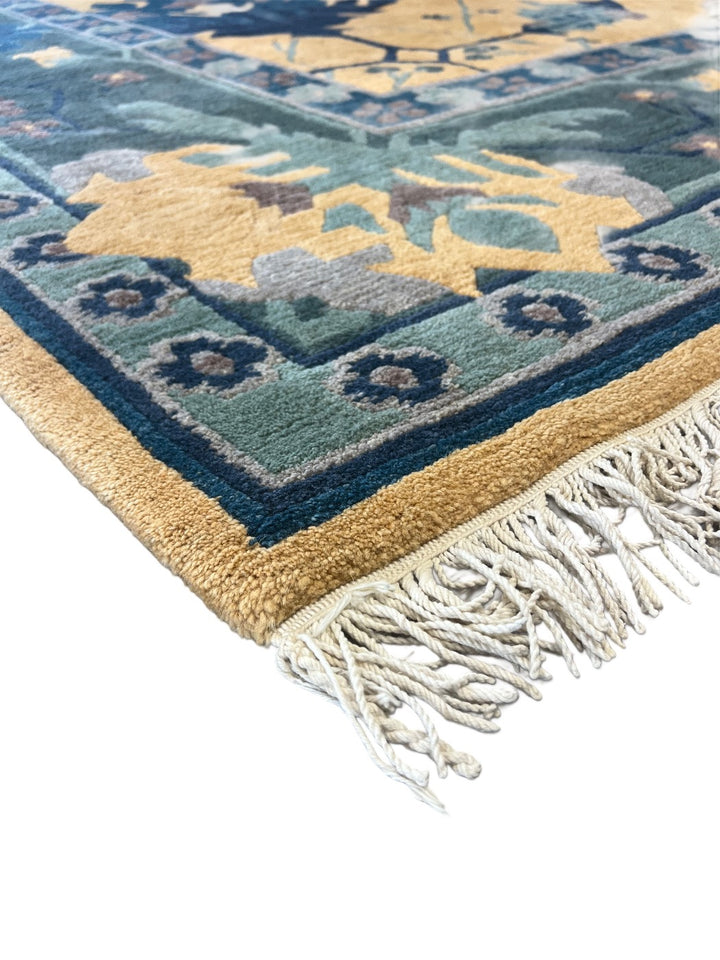 Gold &amp; Blue Traditional Botanical Design Tibetan Wool Rug – 9’9” x 13’10”
