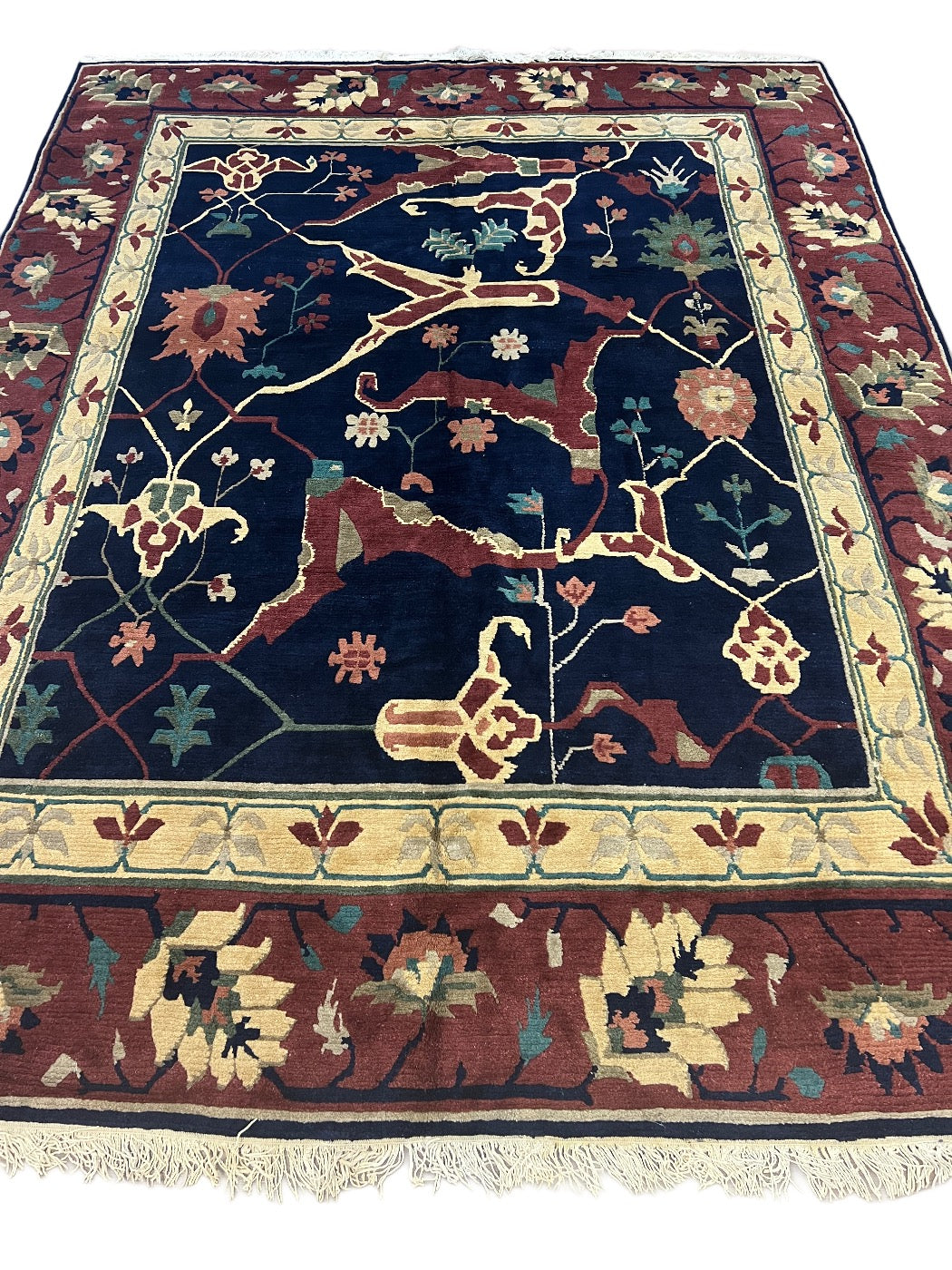Navy &amp; Burgundy Floral Design Tibetan Wool Rug – 8’8” x 11’5”