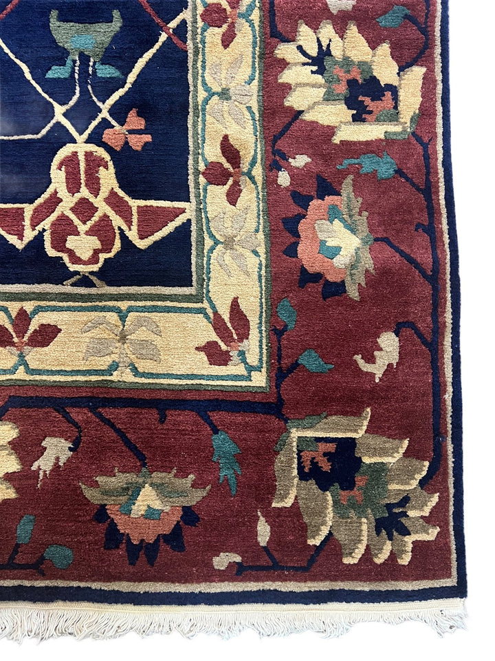 Navy &amp; Burgundy Floral Design Tibetan Wool Rug – 8’8” x 11’5”