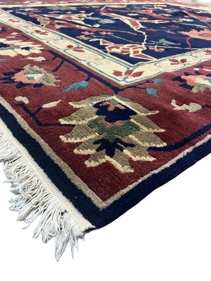 Navy &amp; Burgundy Floral Design Tibetan Wool Rug – 8’8” x 11’5”