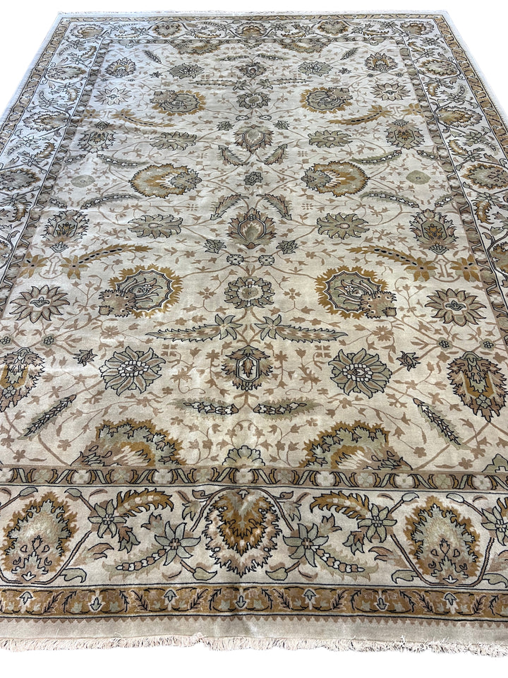 Elegant Botanical Design Ivory &amp; Gold – 10’1” × 12’2” | Handcrafted Wool Area Rug