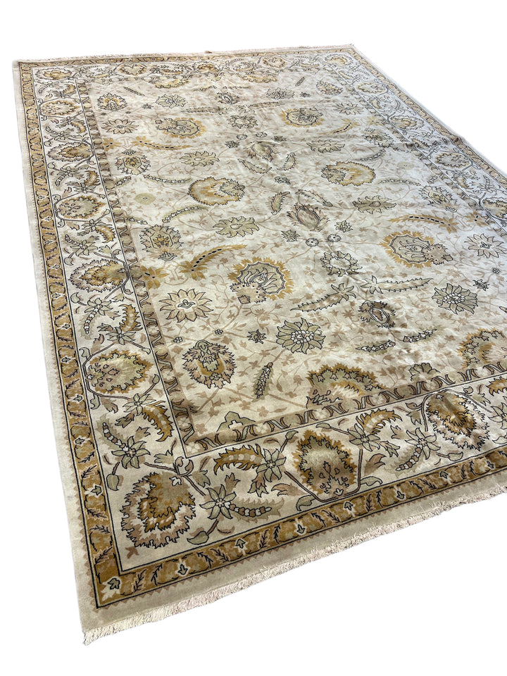 Elegant Botanical Design Ivory &amp; Gold – 10’1” × 12’2” | Handcrafted Wool Area Rug