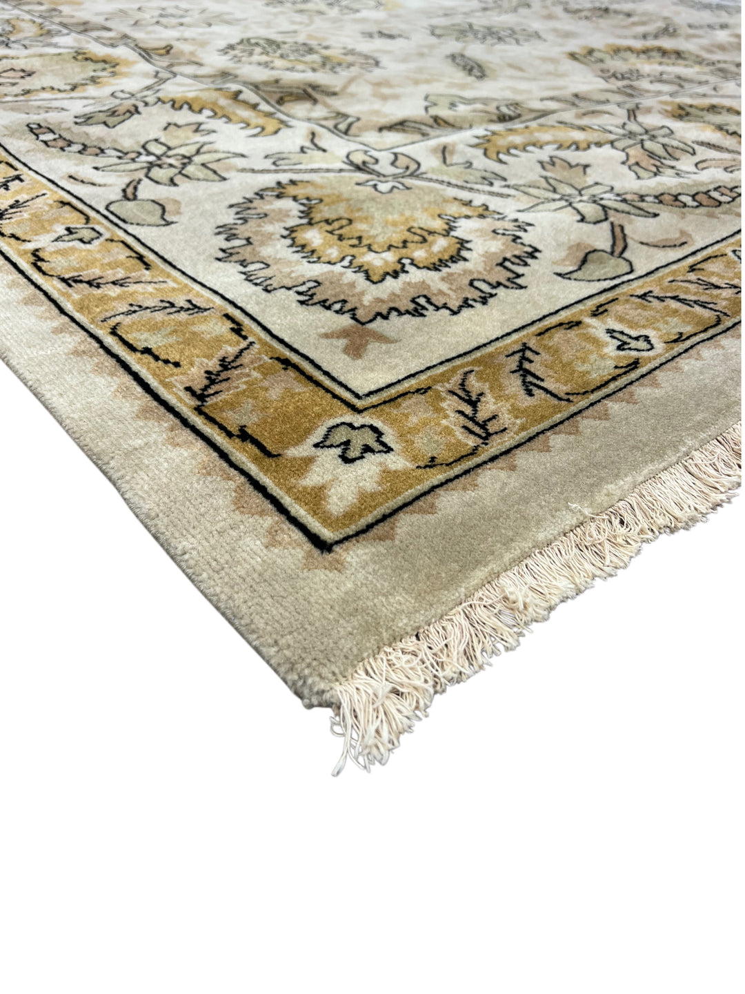 Elegant Botanical Design Ivory &amp; Gold – 10’1” × 12’2” | Handcrafted Wool Area Rug