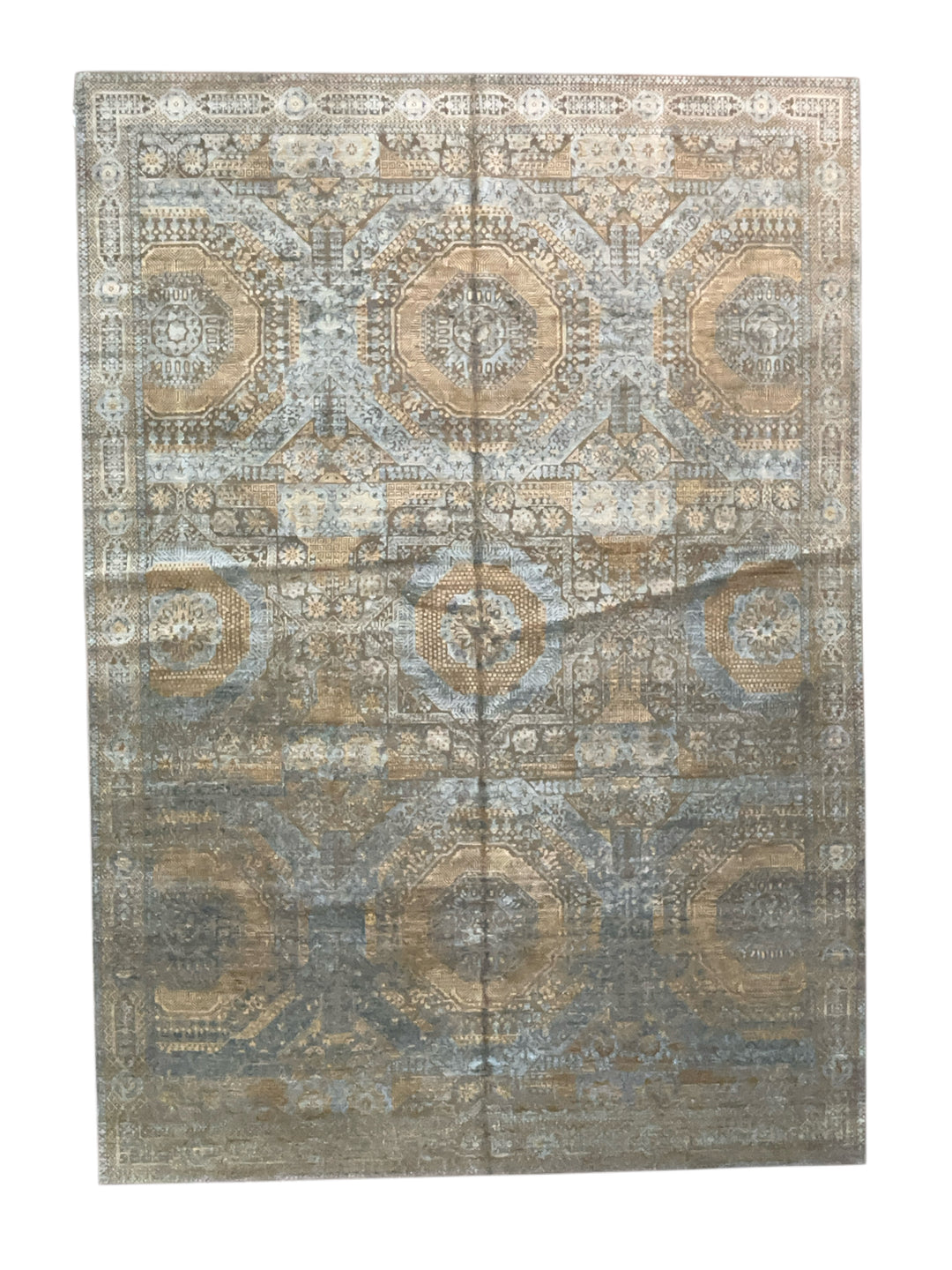 Steel Blue &amp; Taupe Wool &amp; Silk Rug – 9’11” × 14’1”