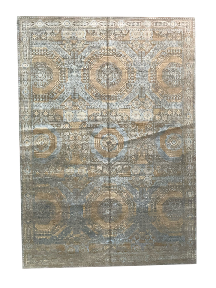 Steel Blue &amp; Taupe Wool &amp; Silk Rug – 9’11” × 14’1”