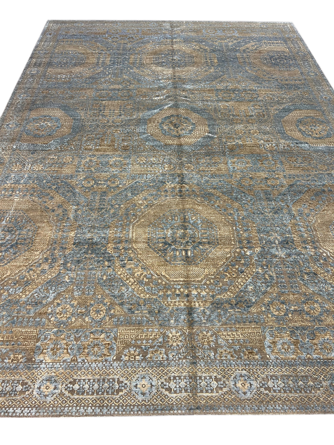 Steel Blue &amp; Taupe Wool &amp; Silk Rug – 9’11” × 14’1”