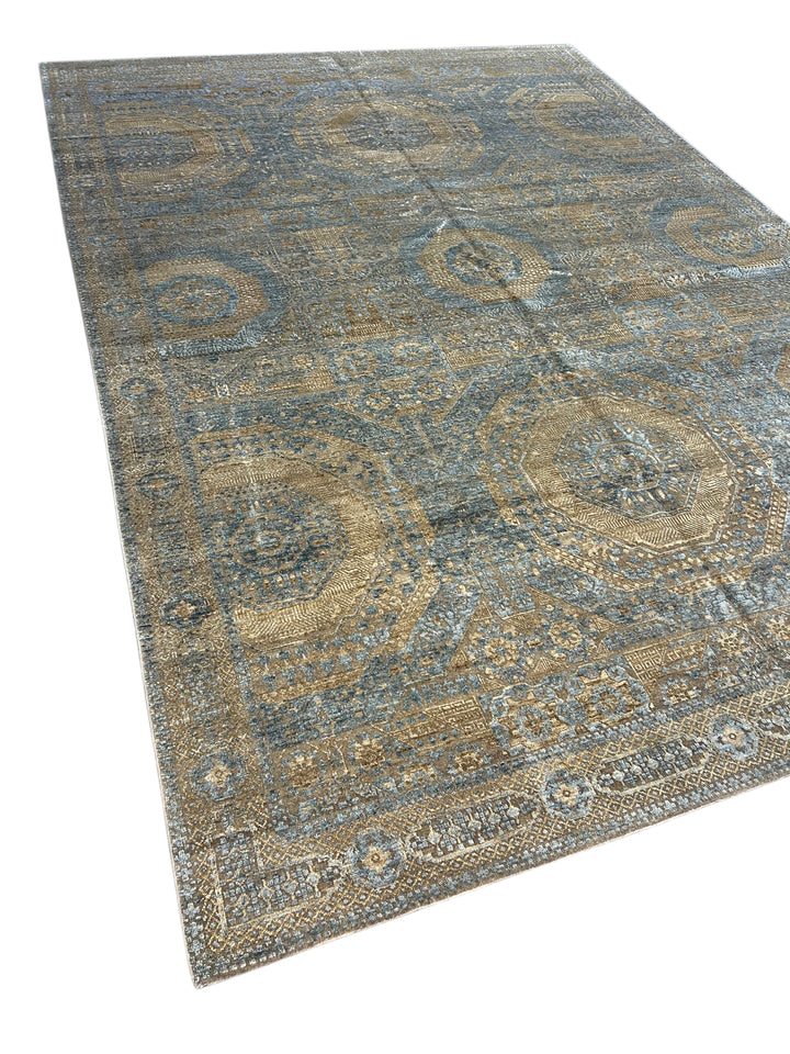 Steel Blue &amp; Taupe Wool &amp; Silk Rug – 9’11” × 14’1”