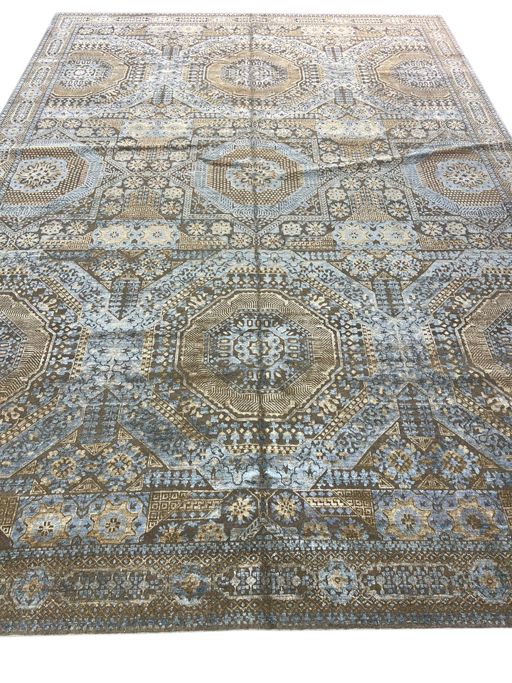 Steel Blue &amp; Taupe Wool &amp; Silk Rug – 9’11” × 14’1”