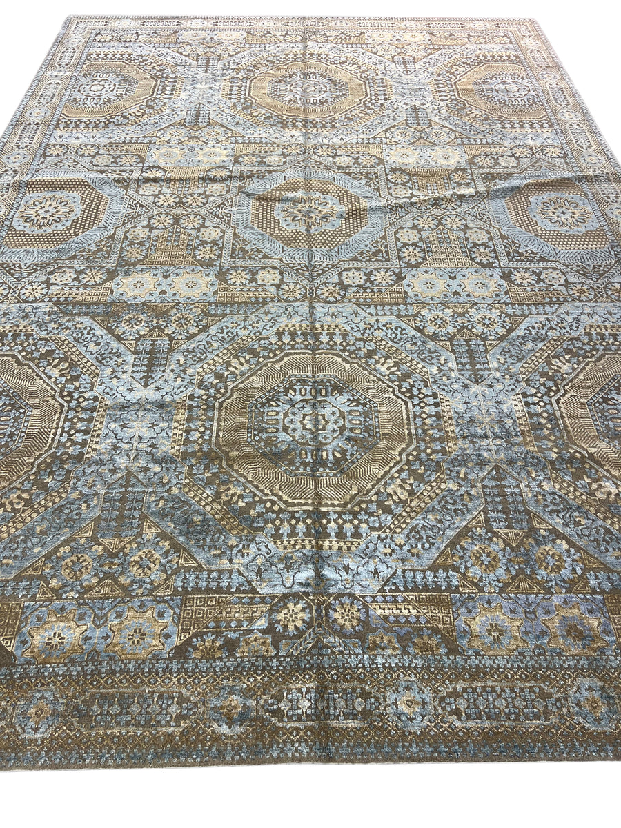 Steel Blue & Taupe Wool & Silk Rug – 9’11” × 14’1”