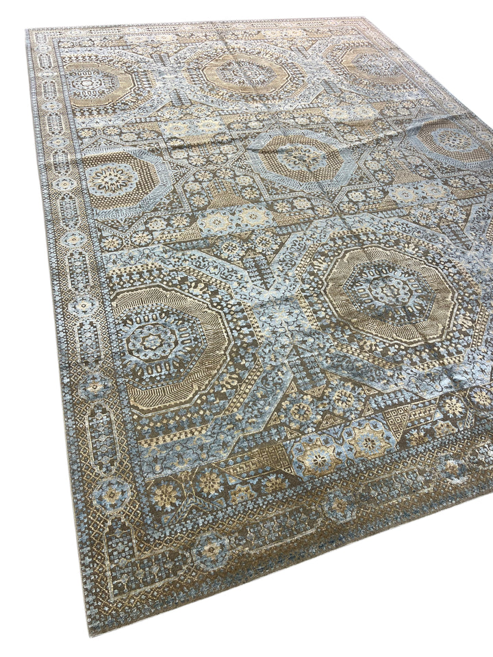 Steel Blue &amp; Taupe Wool &amp; Silk Rug – 9’11” × 14’1”