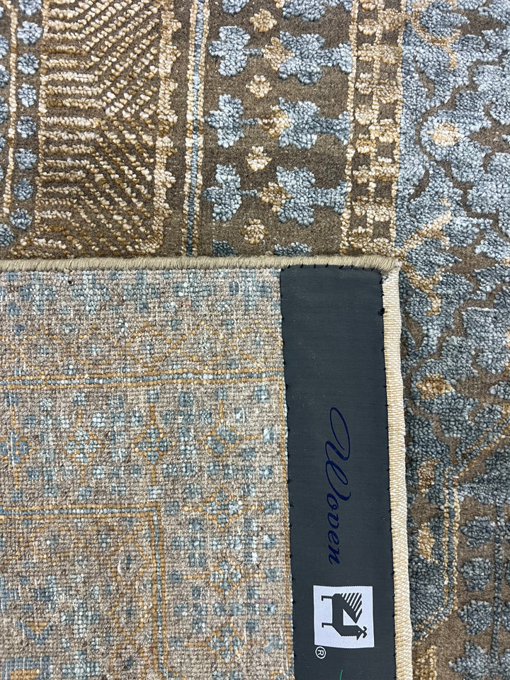Steel Blue &amp; Taupe Wool &amp; Silk Rug – 9’11” × 14’1”