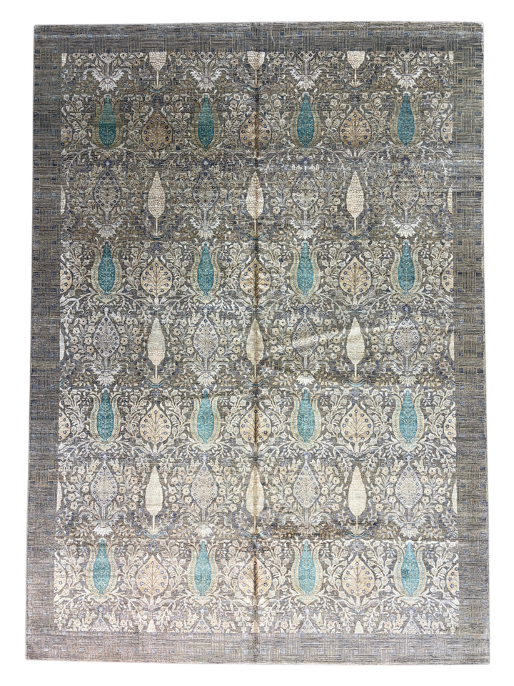 Luxury Handwoven Wool &amp; Silk Botanical Rug – Charcoal Gray with Teal &amp; Ivory Accents – 10’1” × 14’2”