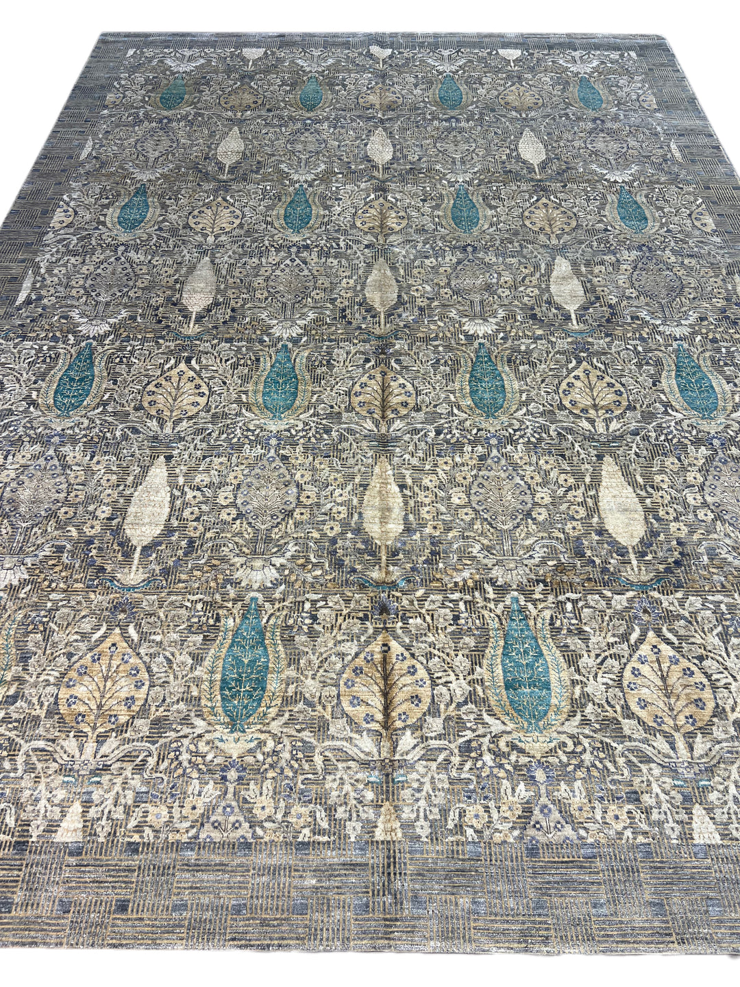 Luxury Handwoven Wool &amp; Silk Botanical Rug – Charcoal Gray with Teal &amp; Ivory Accents – 10’1” × 14’2”