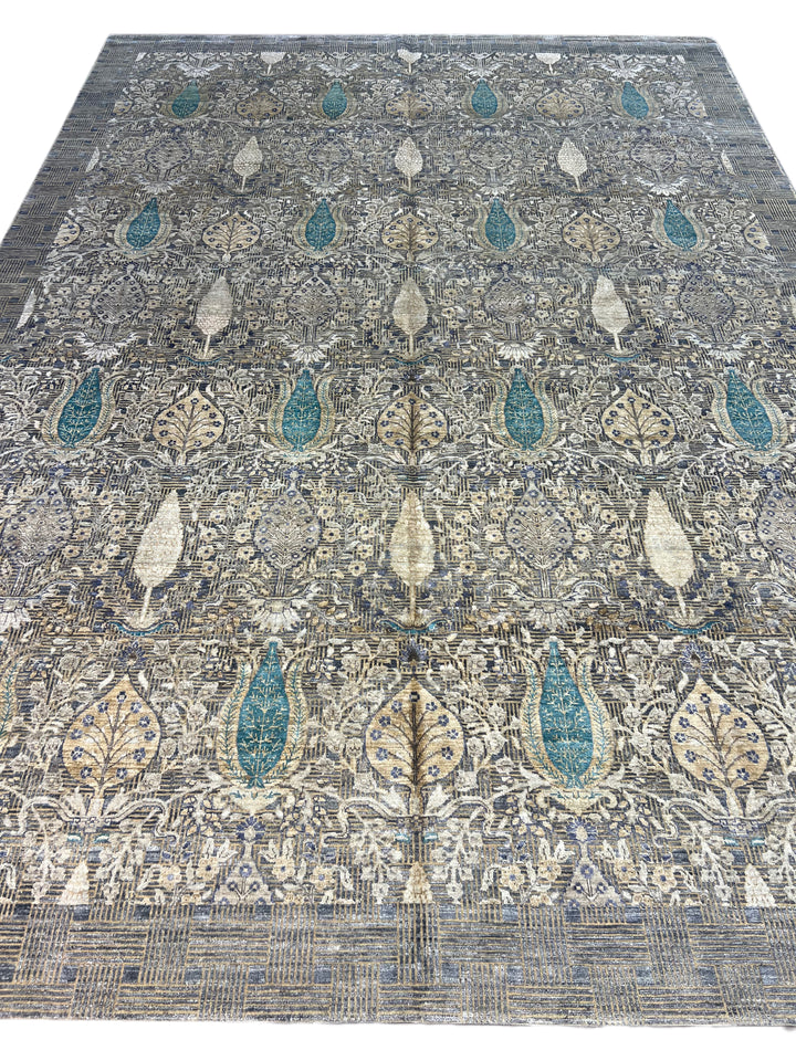 Luxury Handwoven Wool &amp; Silk Botanical Rug – Charcoal Gray with Teal &amp; Ivory Accents – 10’1” × 14’2”