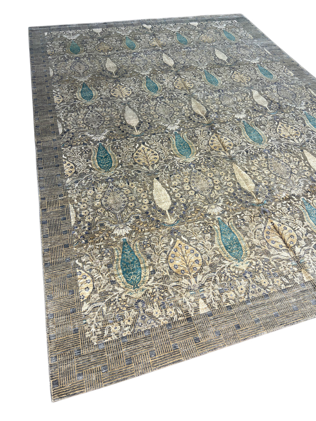 Luxury Handwoven Wool &amp; Silk Botanical Rug – Charcoal Gray with Teal &amp; Ivory Accents – 10’1” × 14’2”