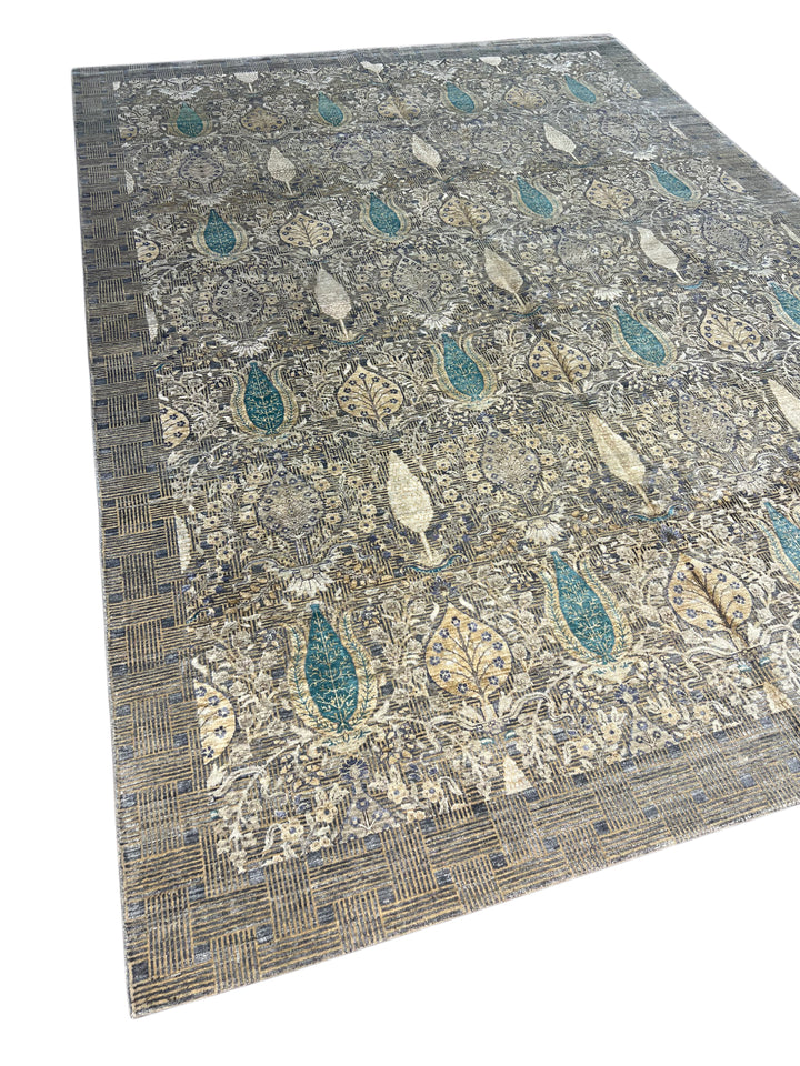 Luxury Handwoven Wool &amp; Silk Botanical Rug – Charcoal Gray with Teal &amp; Ivory Accents – 10’1” × 14’2”