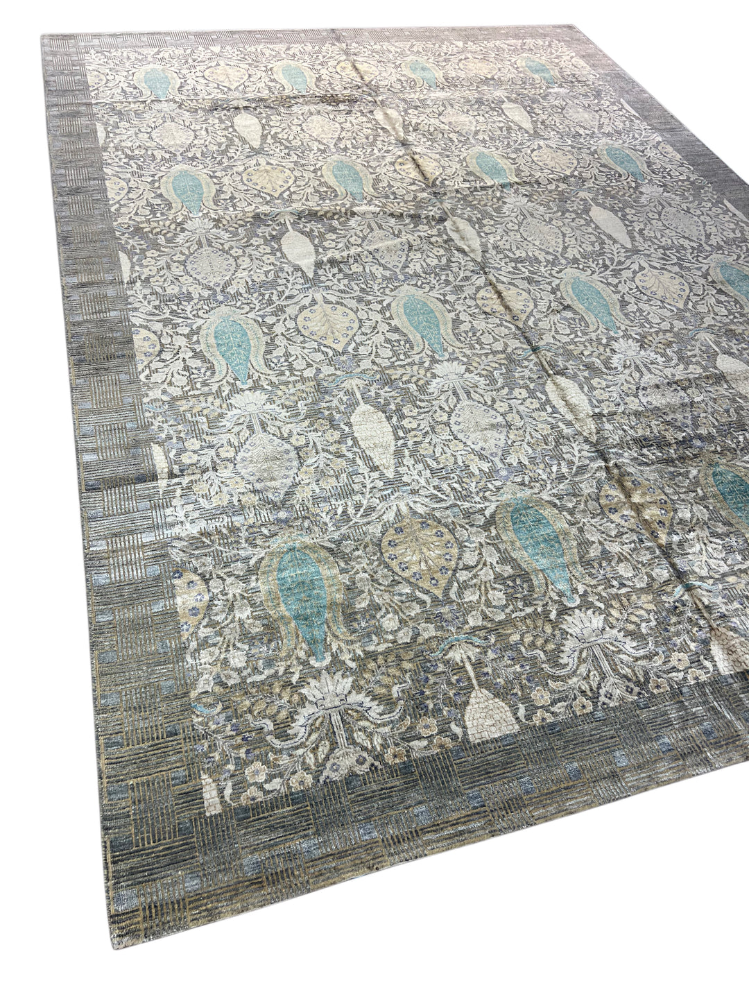 Luxury Handwoven Wool &amp; Silk Botanical Rug – Charcoal Gray with Teal &amp; Ivory Accents – 10’1” × 14’2”