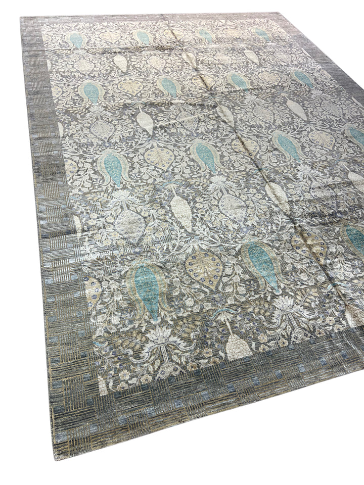 Luxury Handwoven Wool &amp; Silk Botanical Rug – Charcoal Gray with Teal &amp; Ivory Accents – 10’1” × 14’2”