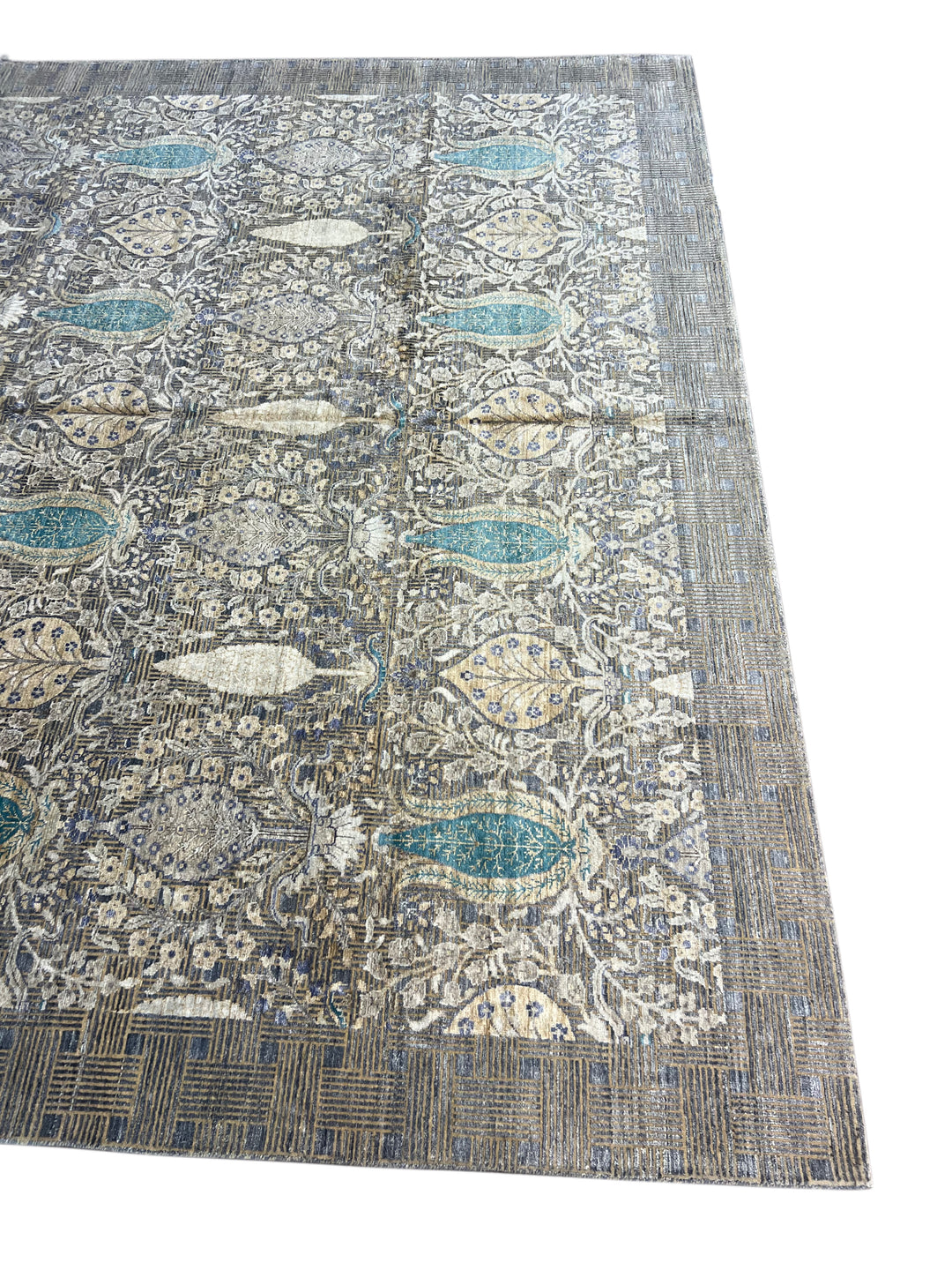 Luxury Handwoven Wool &amp; Silk Botanical Rug – Charcoal Gray with Teal &amp; Ivory Accents – 10’1” × 14’2”