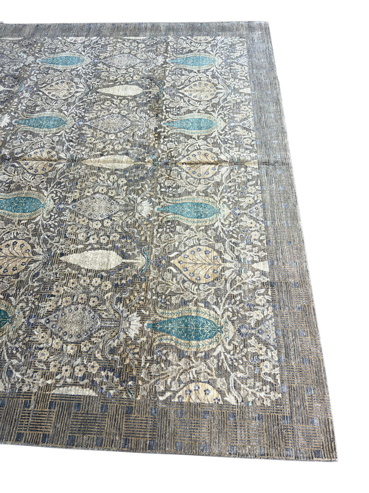 Luxury Handwoven Wool &amp; Silk Botanical Rug – Charcoal Gray with Teal &amp; Ivory Accents – 10’1” × 14’2”
