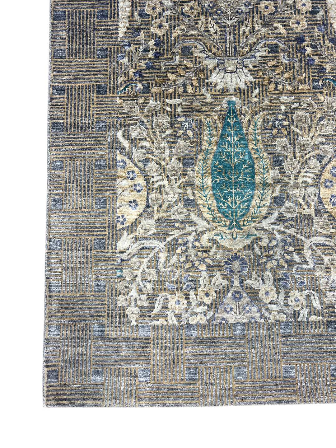 Luxury Handwoven Wool &amp; Silk Botanical Rug – Charcoal Gray with Teal &amp; Ivory Accents – 10’1” × 14’2”