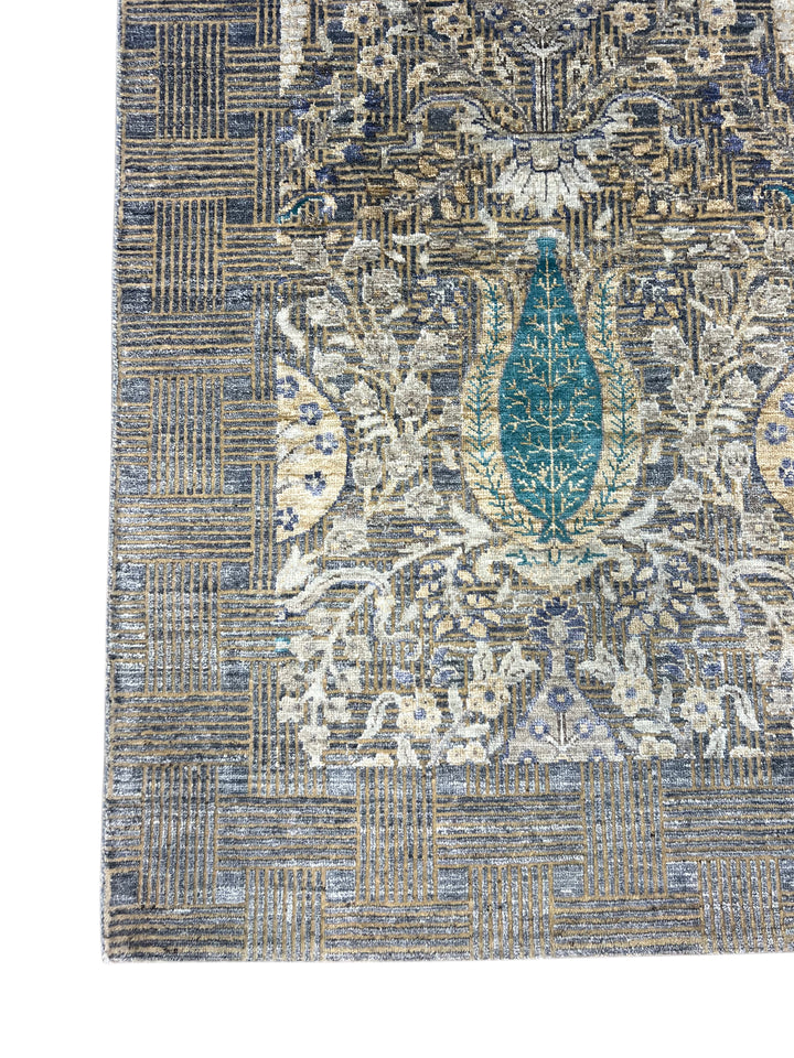 Luxury Handwoven Wool &amp; Silk Botanical Rug – Charcoal Gray with Teal &amp; Ivory Accents – 10’1” × 14’2”