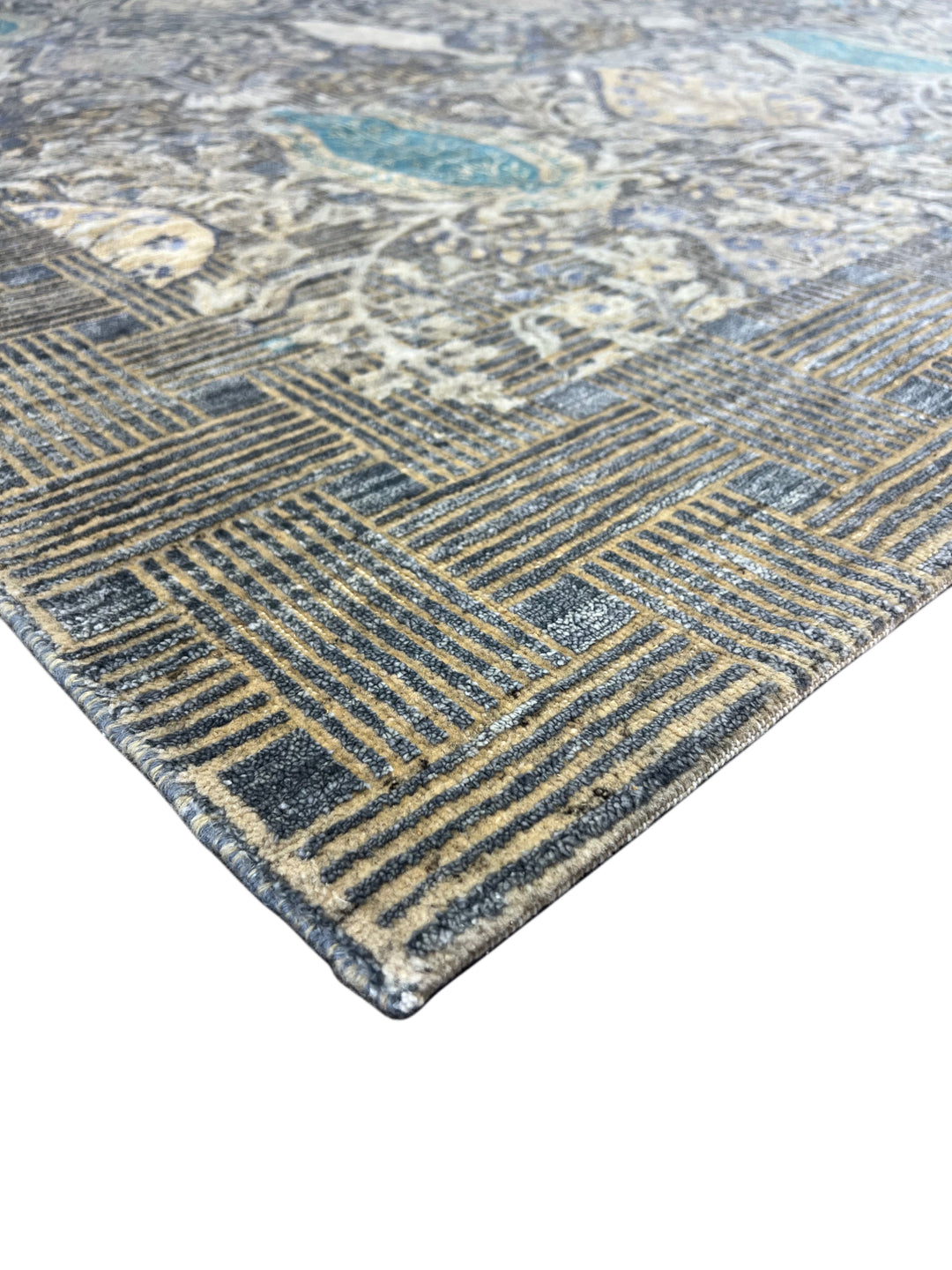 Luxury Handwoven Wool &amp; Silk Botanical Rug – Charcoal Gray with Teal &amp; Ivory Accents – 10’1” × 14’2”