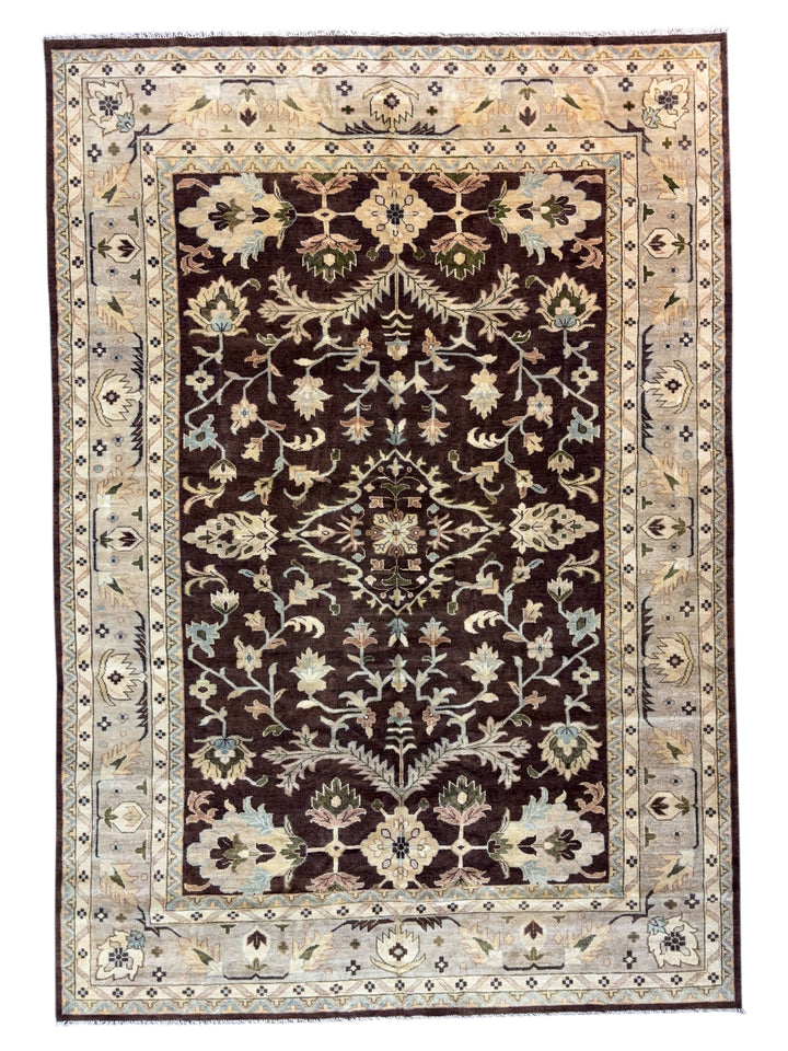 Chocolate Brown Floral Design – Handwoven Wool Rug – 9’7” × 13’11”