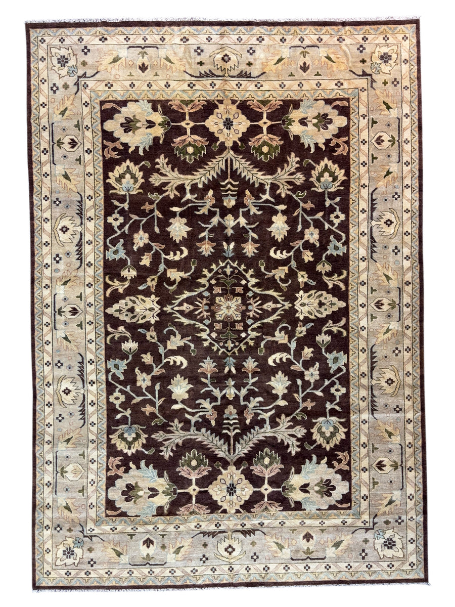 Chocolate Brown Floral Design – Handwoven Wool Rug – 9’7” × 13’11”