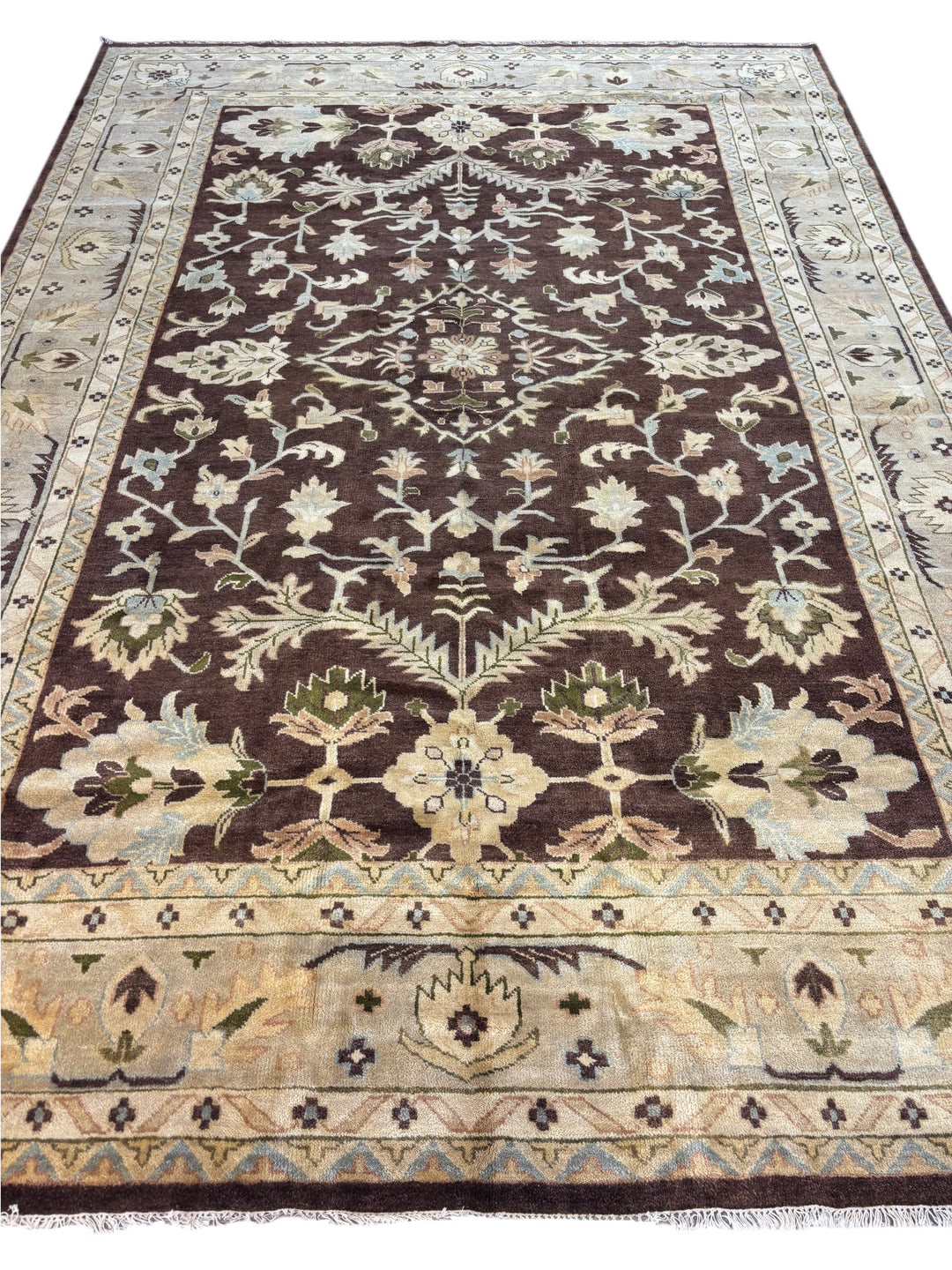 Chocolate Brown Floral Design – Handwoven Wool Rug – 9’7” × 13’11”